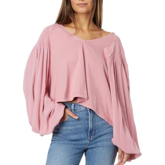 FREE PEOPLE Blush Pink Kathy Boho Long Sleeve Blouse. Size L - Picture 1 of 11